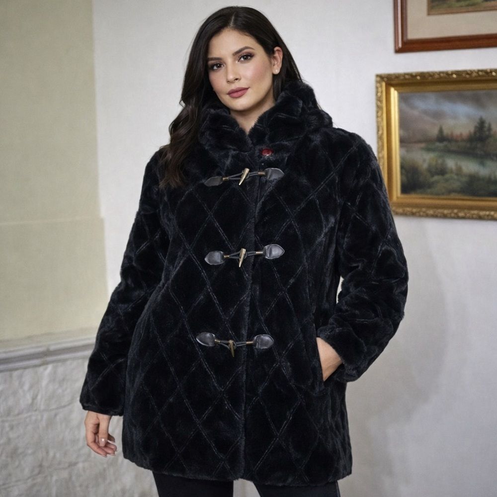 Hooded Black Textured Faux Fur Classic Duffle Coat